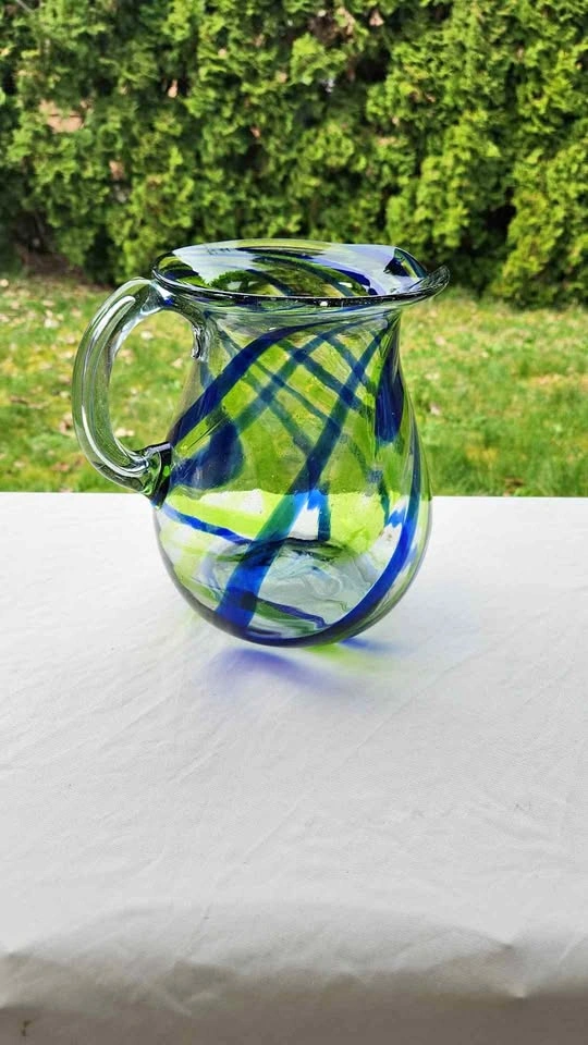Hand Blown High Quality Blue Green Swirl Glass Pitcher 8.5"