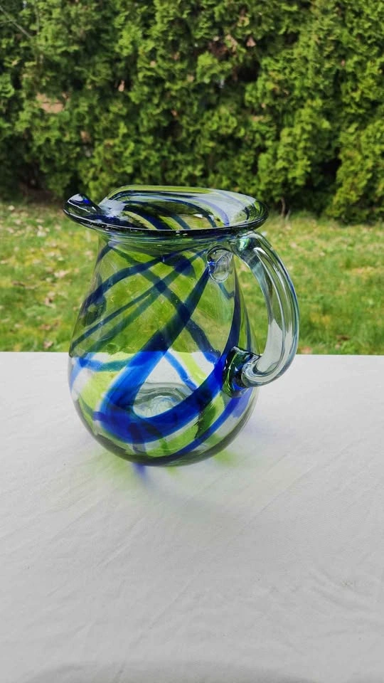 Hand Blown High Quality Blue Green Swirl Glass Pitcher 8.5" - photo 2