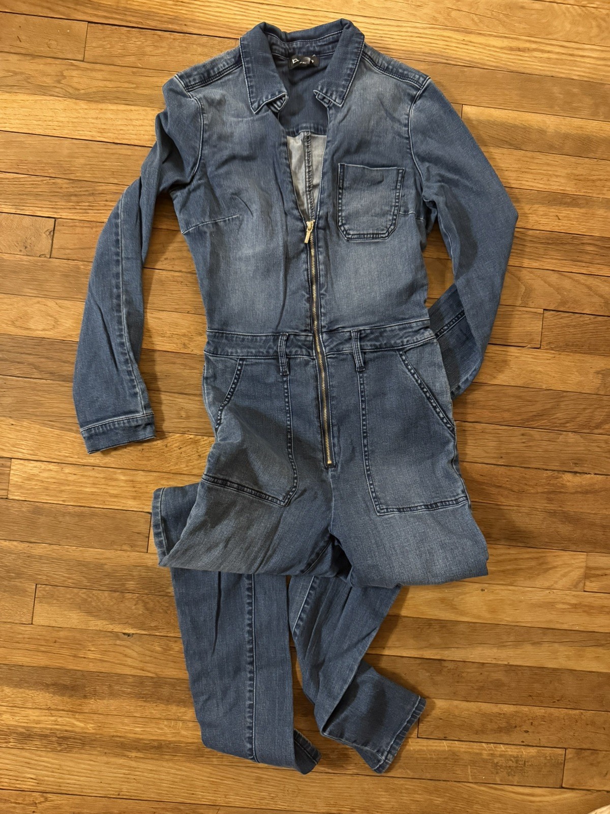 bebe Blue Denim Short Sleeve Zip Front Women's Jumpsuit with Poc