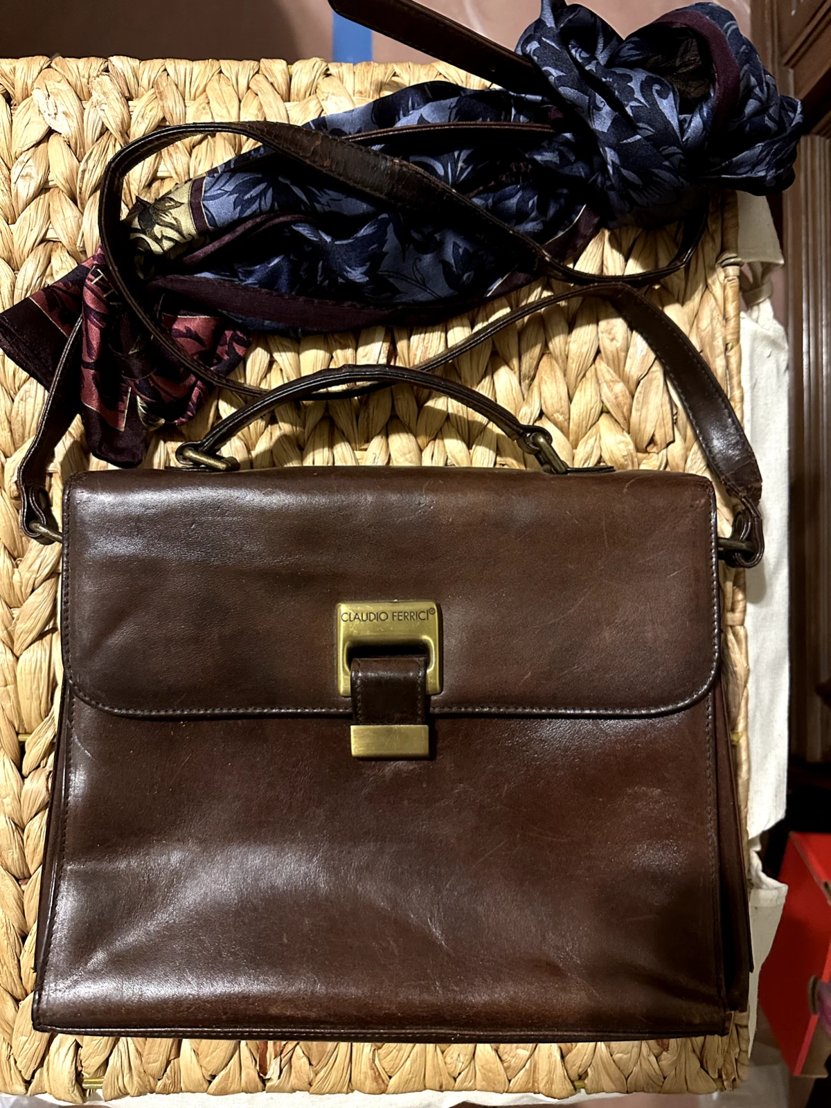 Claudio Ferrici Glossy Tobacco Brown Leather Crossbody Purse