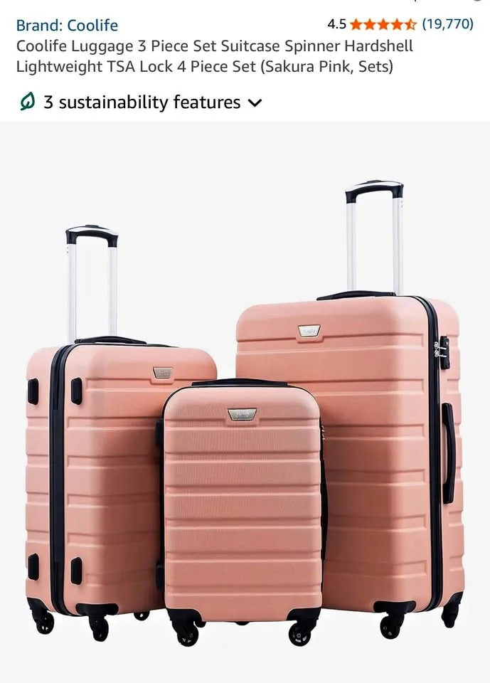 New Coolife 3-Piece Luggage Set - Sakura Pink thumbnail