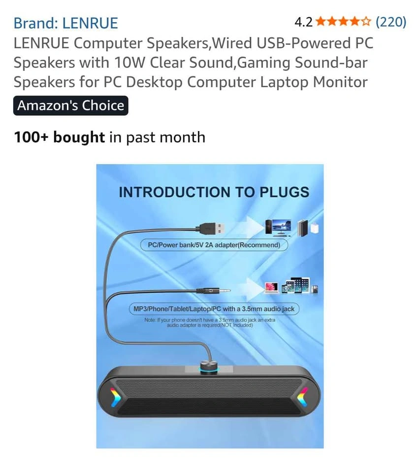 LENRUE A39PRO-1 Computer Soundbar - 10W Wired USB Speakers - Bra - photo 3
