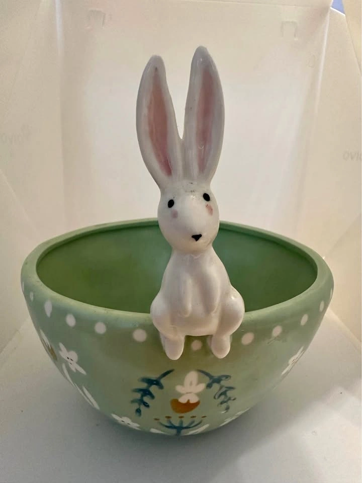 White Ceramic Rabbit with Green Planter Bowl