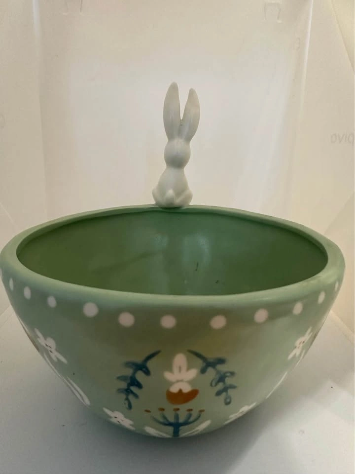 White Ceramic Rabbit with Green Planter Bowl - photo 2