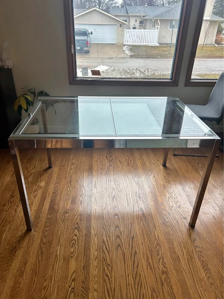 Glass and Stainless Steel Table with Leaf