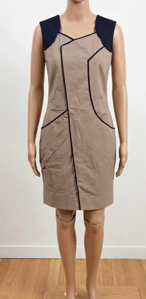 Women's Sleeveless Taupe Dress with Navy Blue Piping - Size 2US