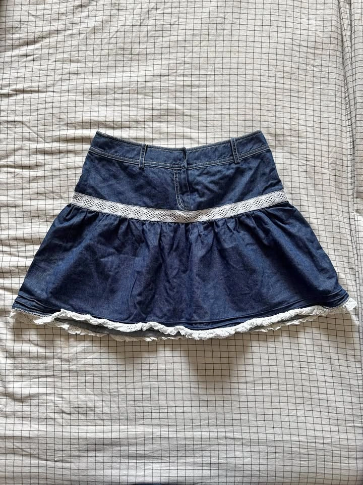 Denim Mini Skirt with Lace Trim