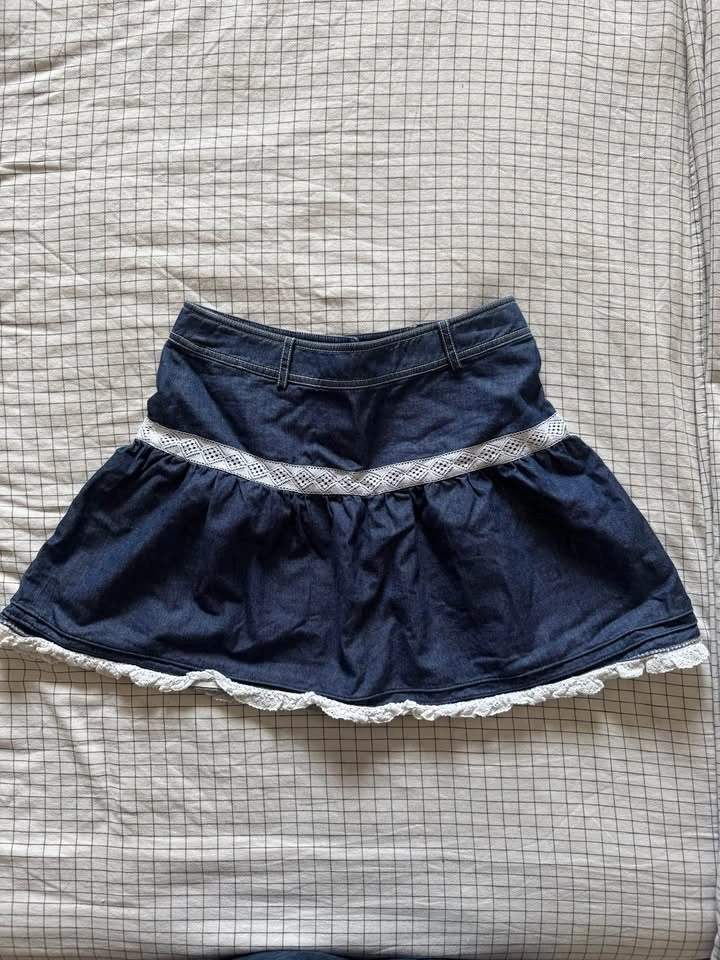 Denim Mini Skirt with Lace Trim - photo 2