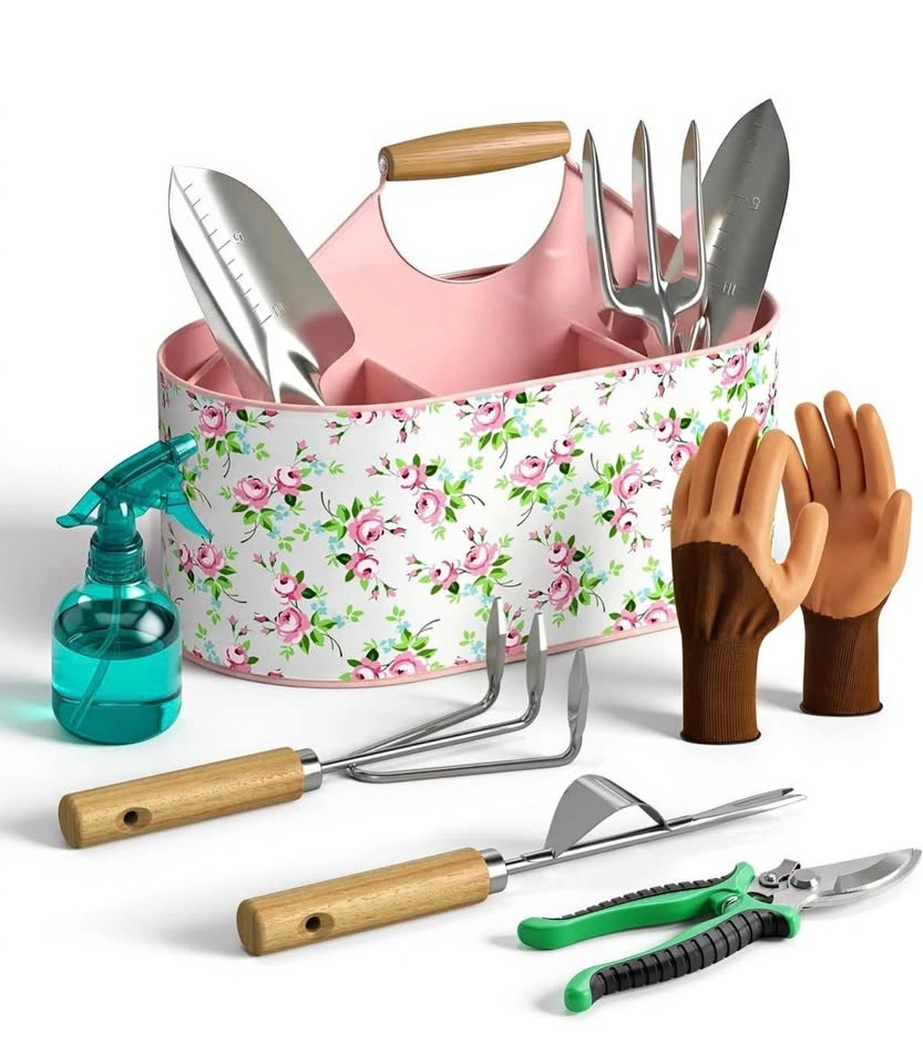 Complete 9-Piece Floral Gardening Set w/ Metal Storage Basket