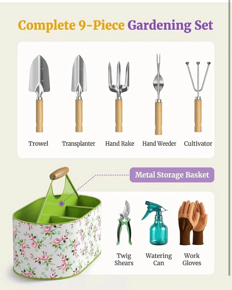 Complete 9-Piece Floral Gardening Set w/ Metal Storage Basket - photo 4