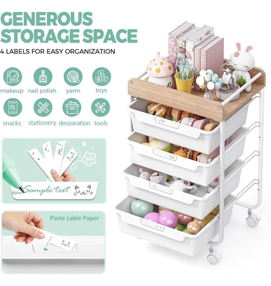 4-Drawer Storage Cart with Wooden Top - photo 3
