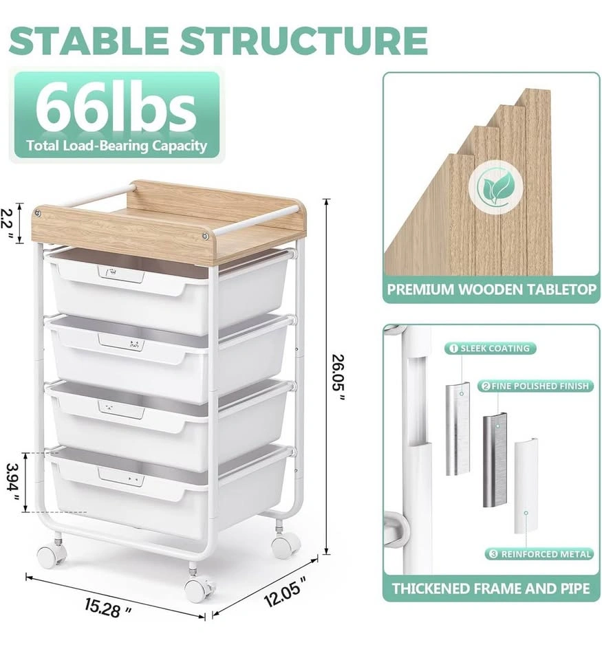 4-Drawer Storage Cart with Wooden Top - photo 4