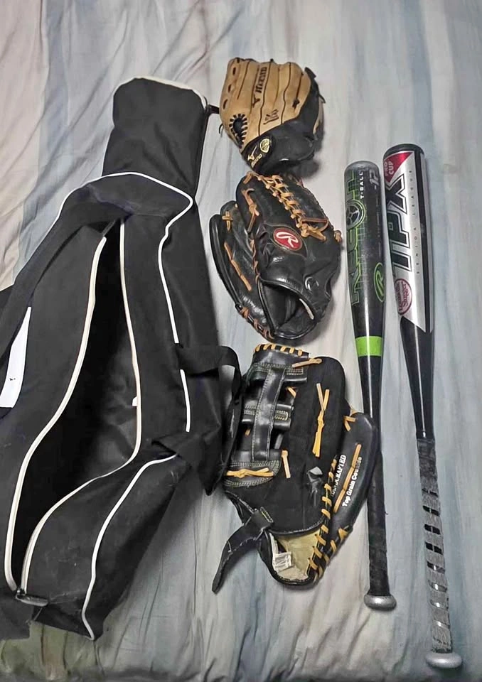 Baseball Equipment: 2 Bats, 3 Gloves, Bag