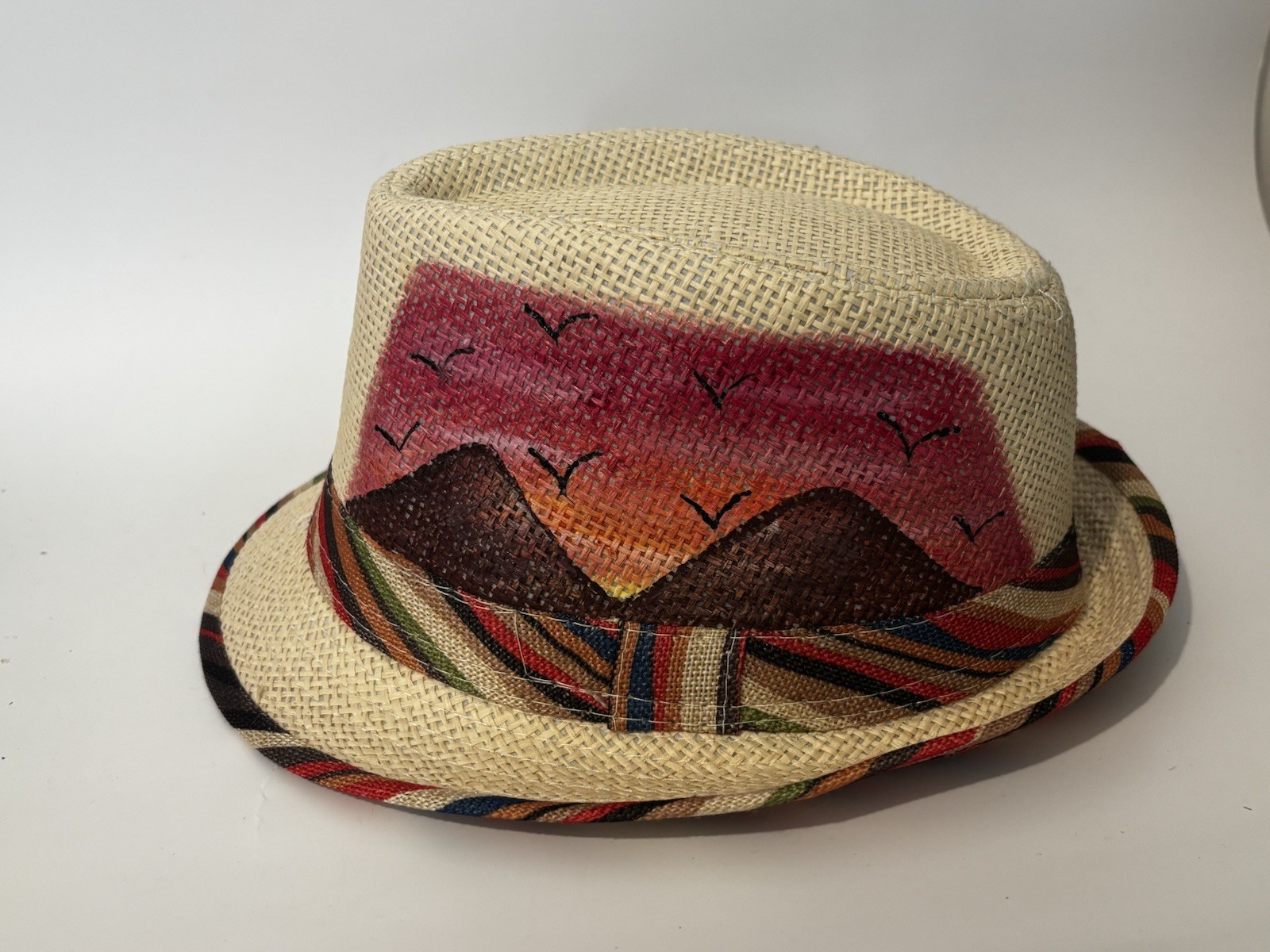 HAND-PAINTED Beige Multicolor Striped Fedora Hat Size 56