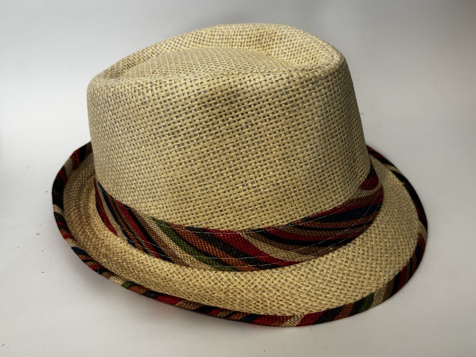 HAND-PAINTED Beige Multicolor Striped Fedora Hat Size 56 - photo 2