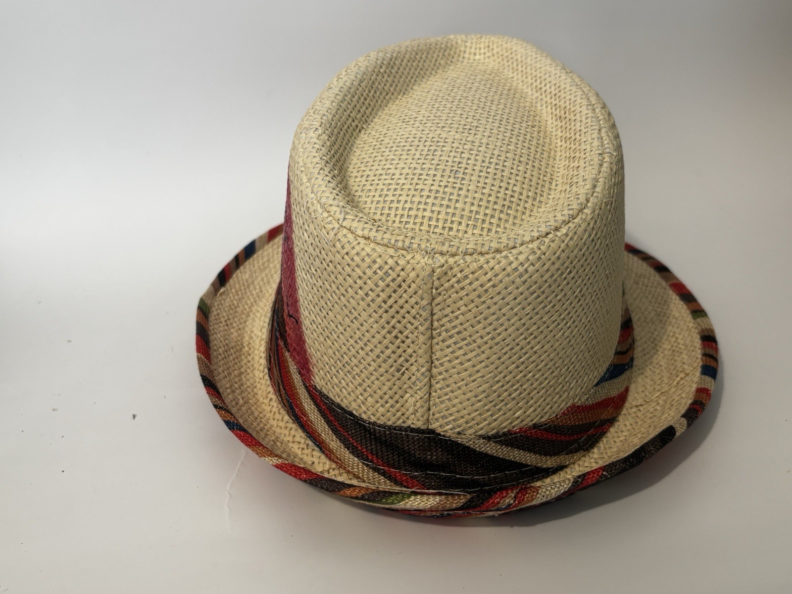 HAND-PAINTED Beige Multicolor Striped Fedora Hat Size 56 - photo 3