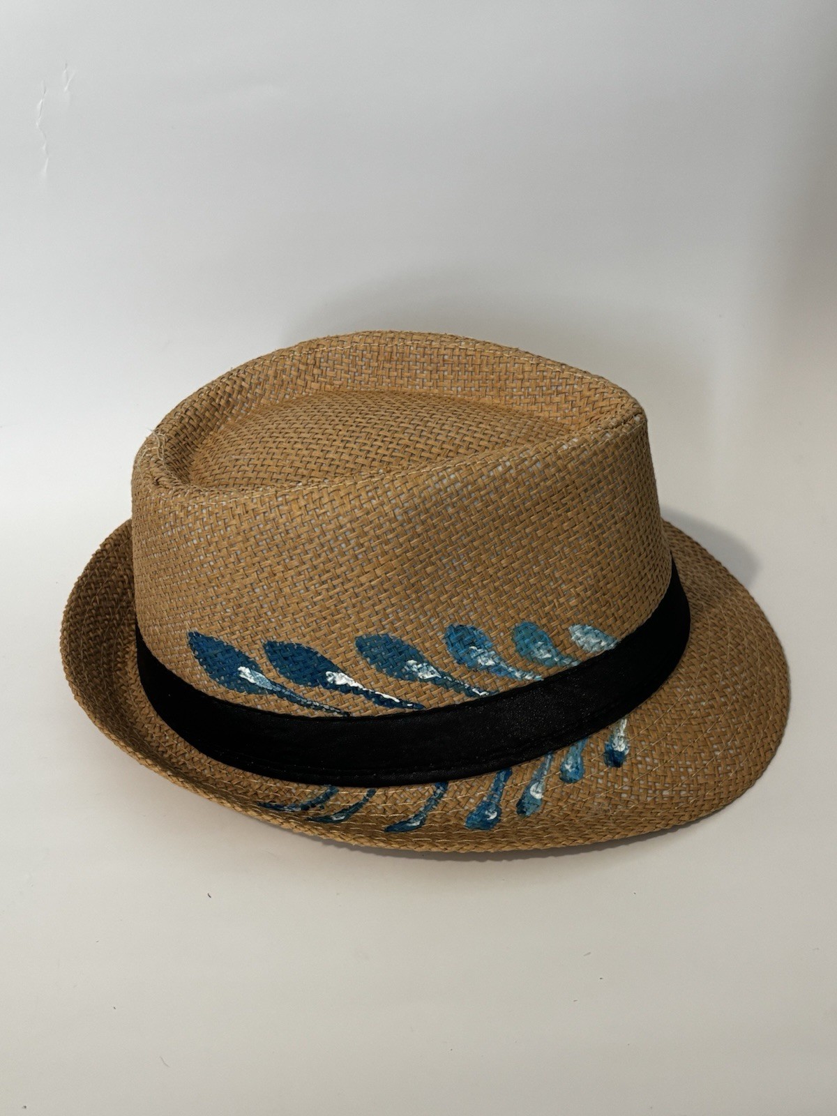 Boys Hand-Painted Brown Fedora Hat w/ Blue Feather Accent - Size