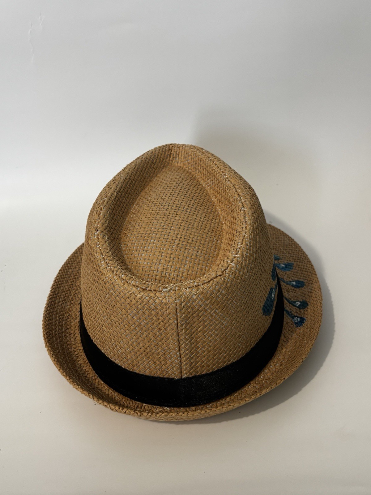 Boys Hand-Painted Brown Fedora Hat w/ Blue Feather Accent - Size - photo 2
