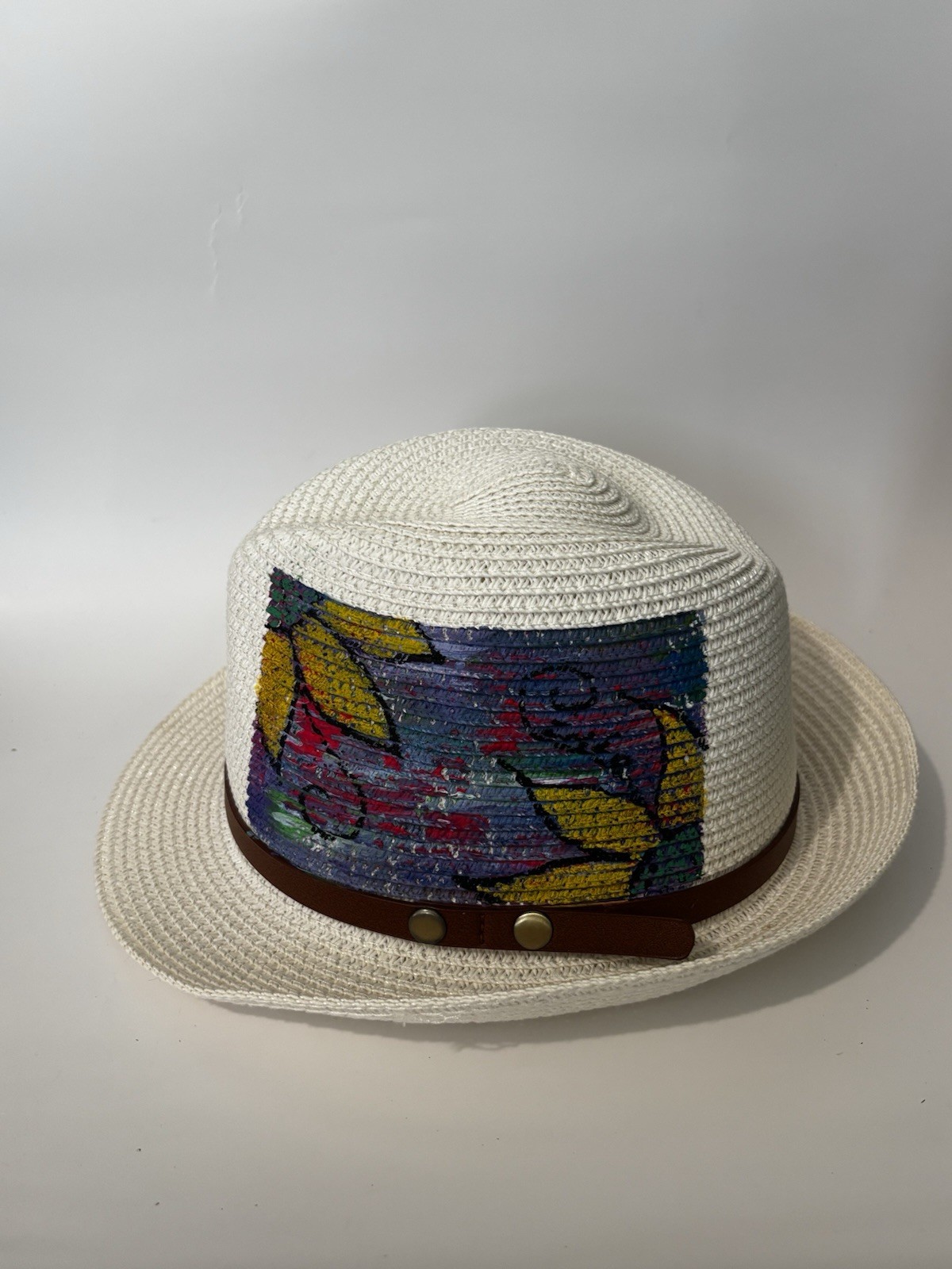 HAND-PAINTED White Fedora Hat with Brown Band Floral Design Wide