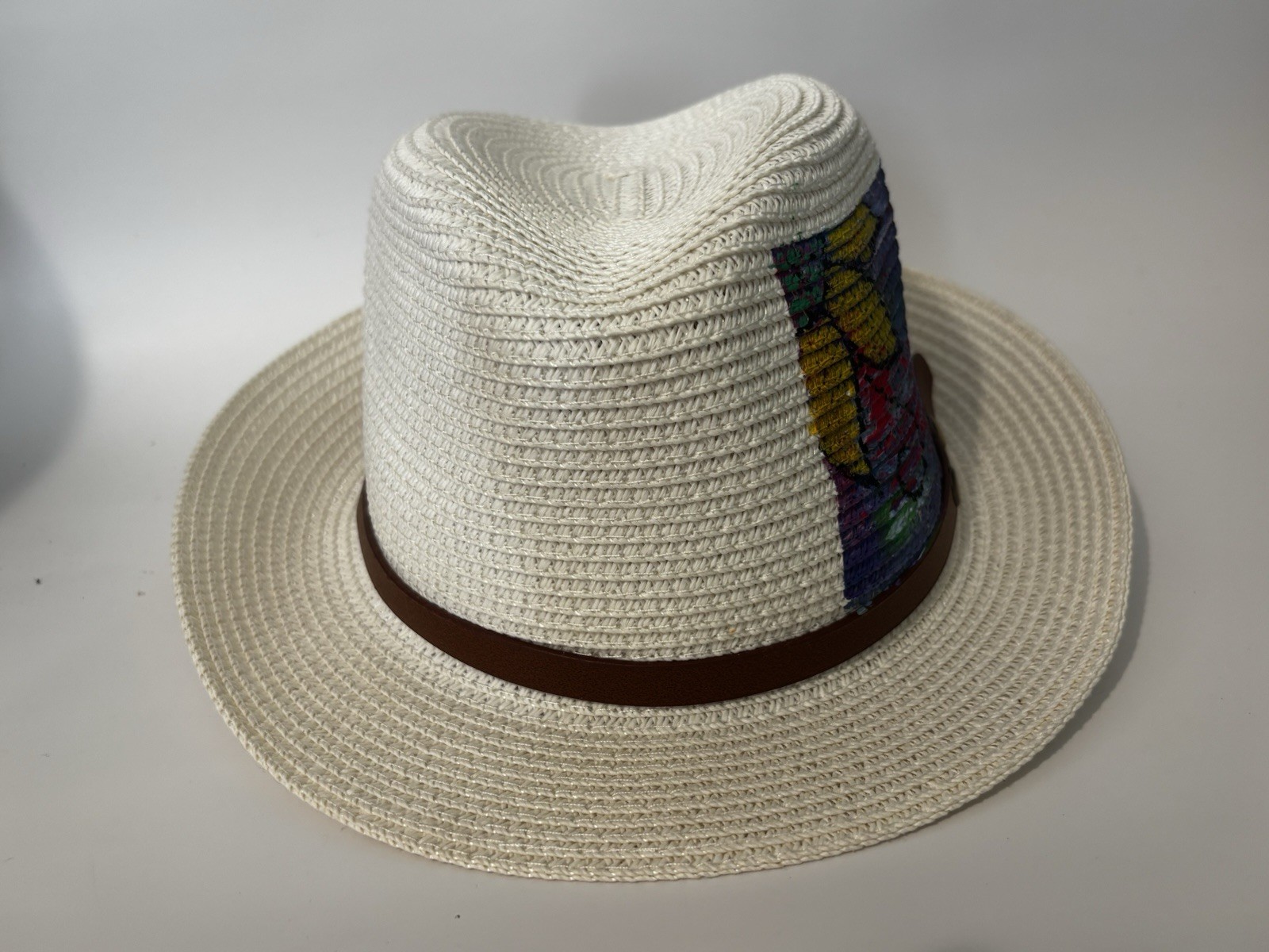 HAND-PAINTED White Fedora Hat with Brown Band Floral Design Wide - photo 3