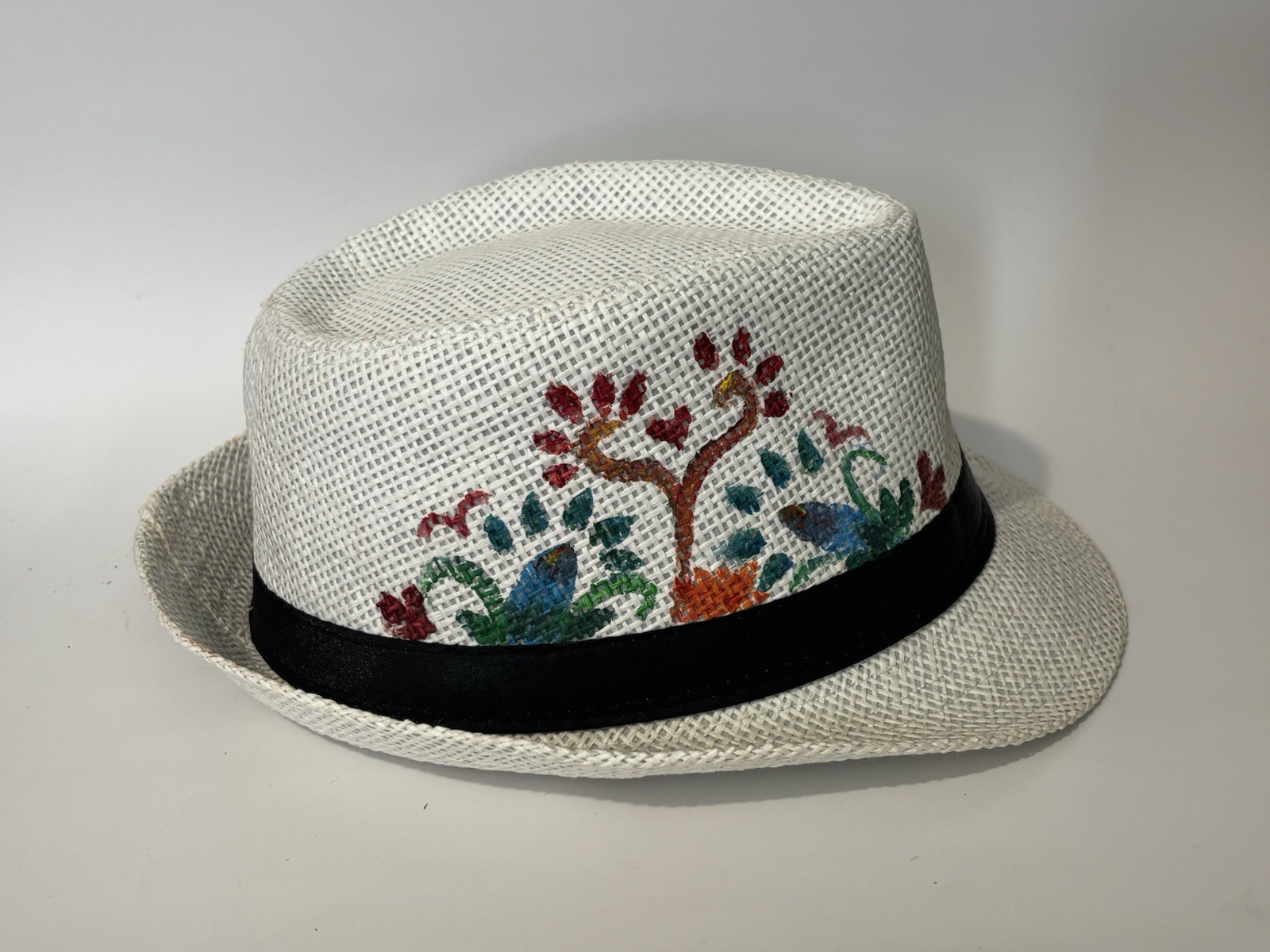 HAND PAINTED White Fedora Hat with Black Band and Floral Design