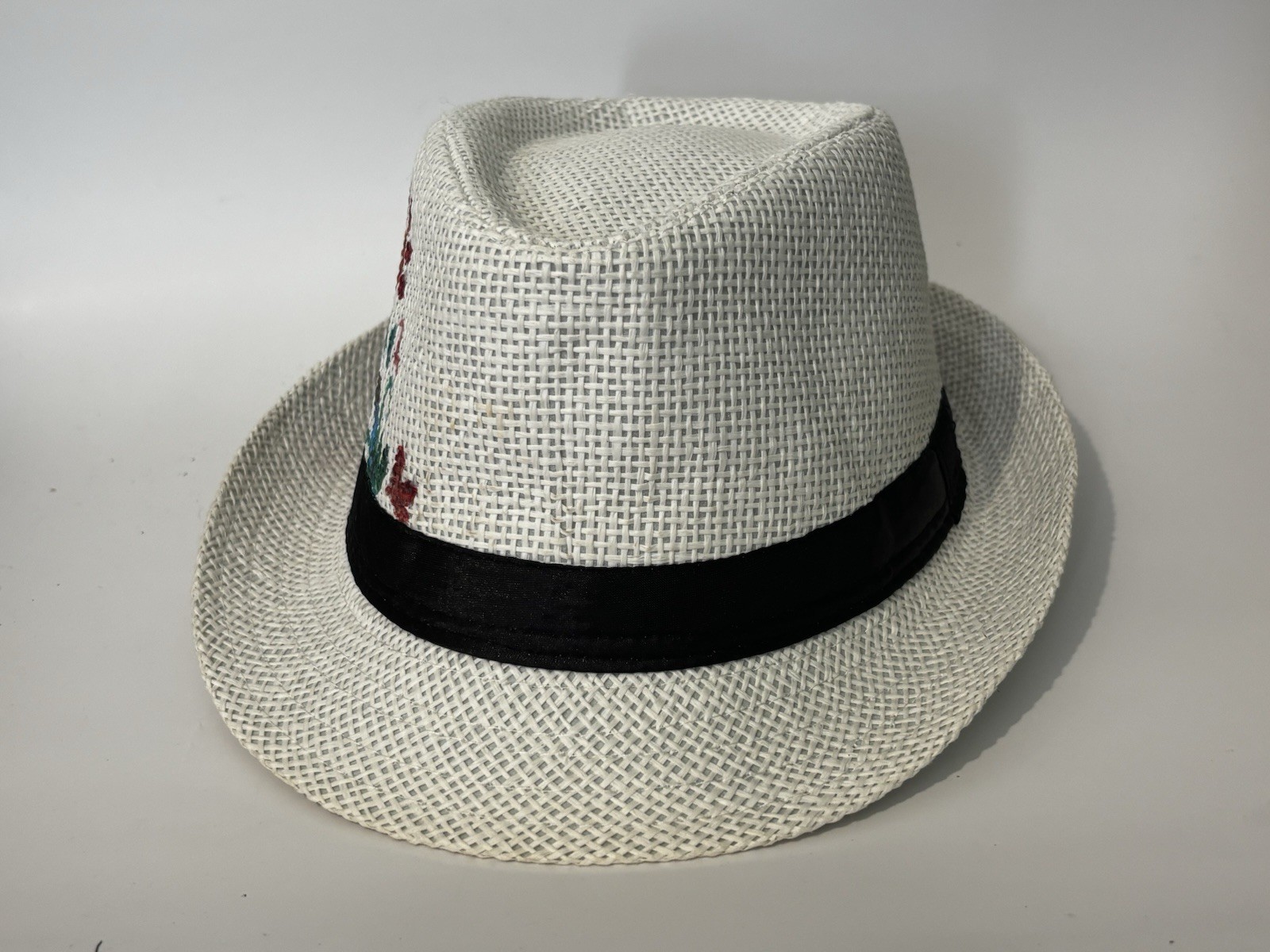 HAND PAINTED White Fedora Hat with Black Band and Floral Design - photo 2