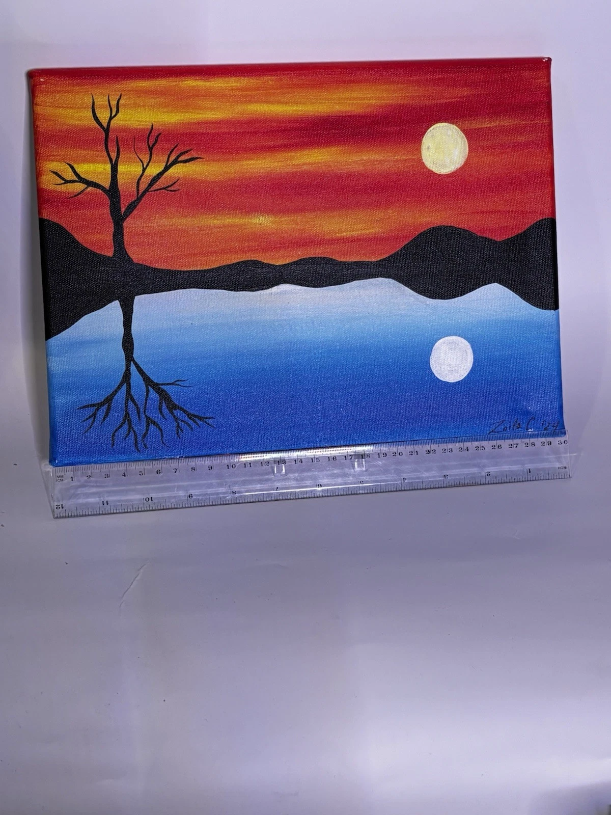 Zoila C Original Acrylic Tree Sunset Reflection Painting - photo 4