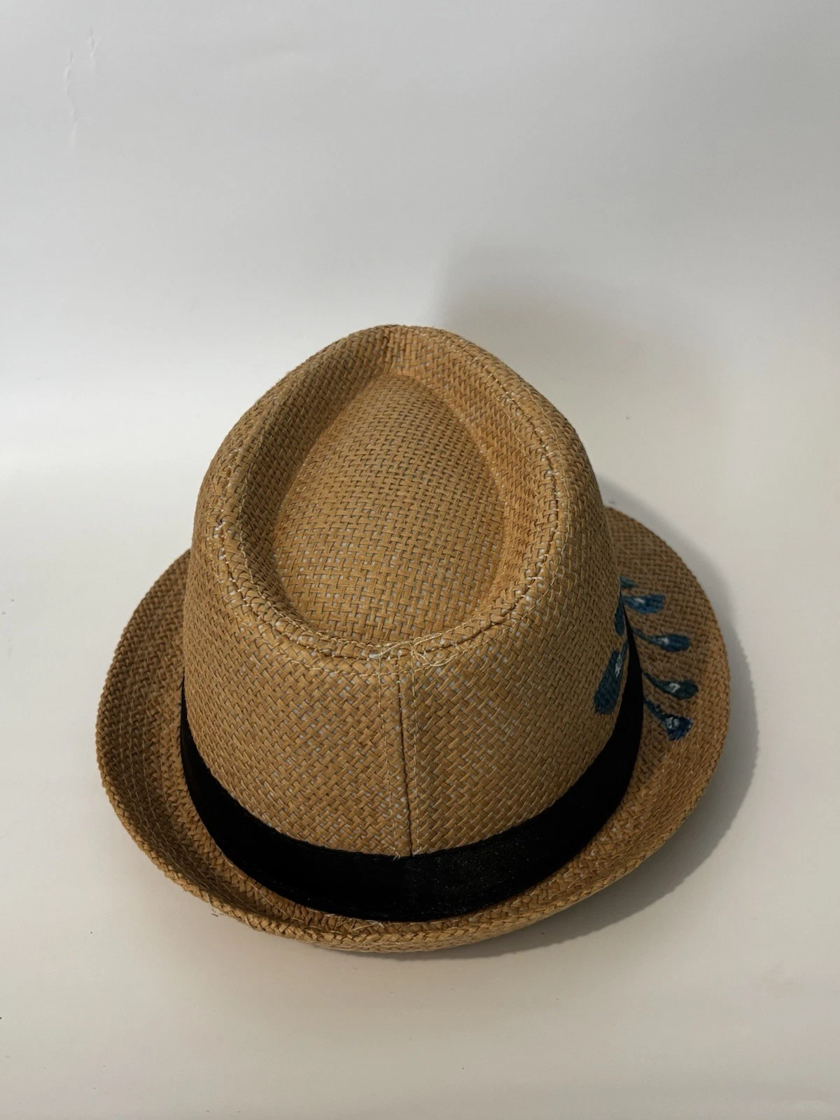 Boys Hand-Painted Brown Fedora Hat with Blue Feather - Size 54 - photo 2