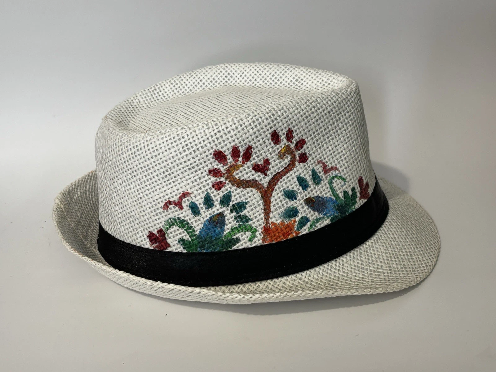 HAND PAINTED White Fedora Hat with Black Band and Floral Design