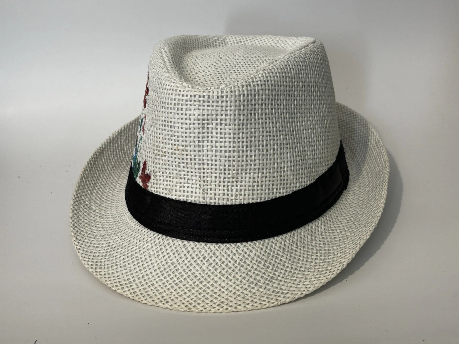 HAND PAINTED White Fedora Hat with Black Band and Floral Design - photo 2