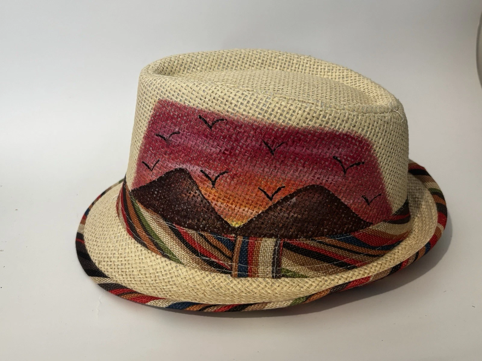 HAND-PAINTED Beige Multicolor Striped Fedora Hat Size 56