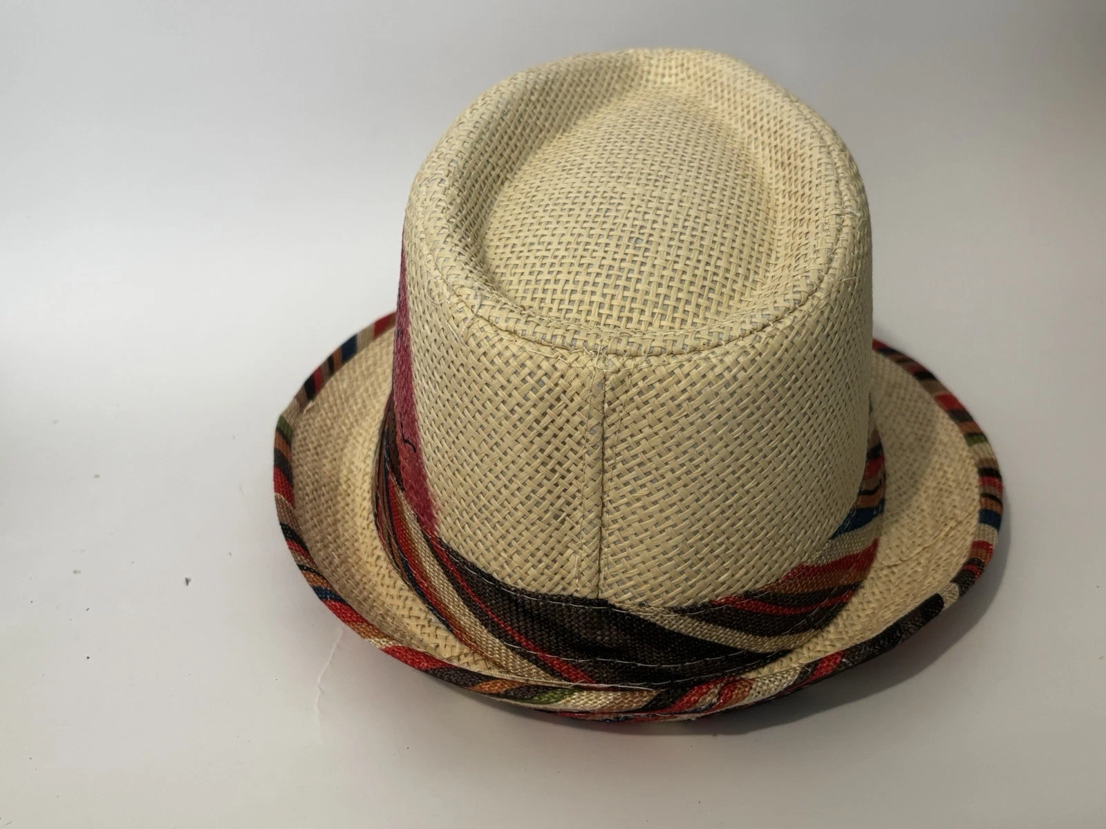 HAND-PAINTED Beige Multicolor Striped Fedora Hat Size 56 - photo 3