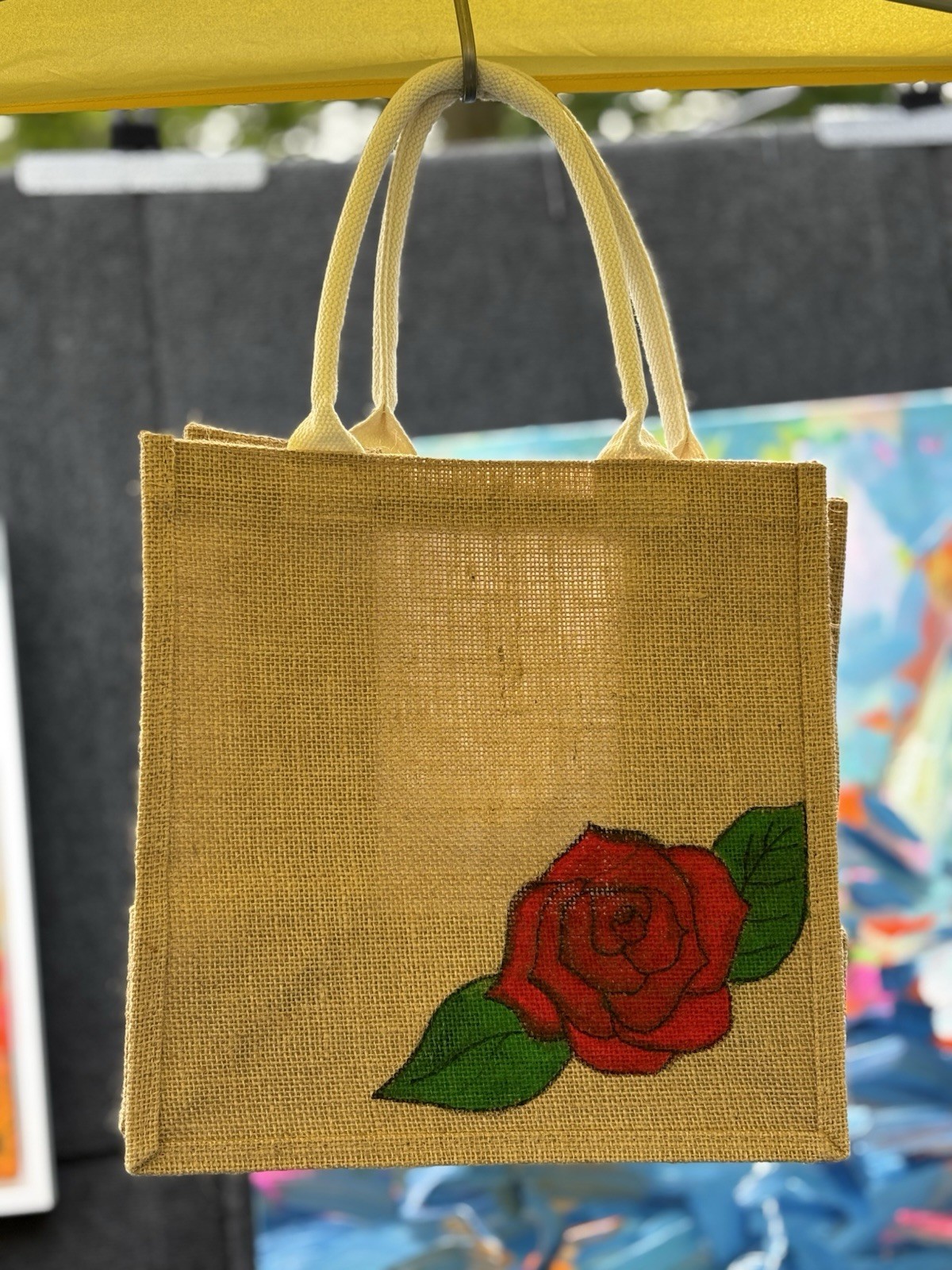 Hand painted Jute Reusable Shopping Bag Red Rose Floral Beige Re