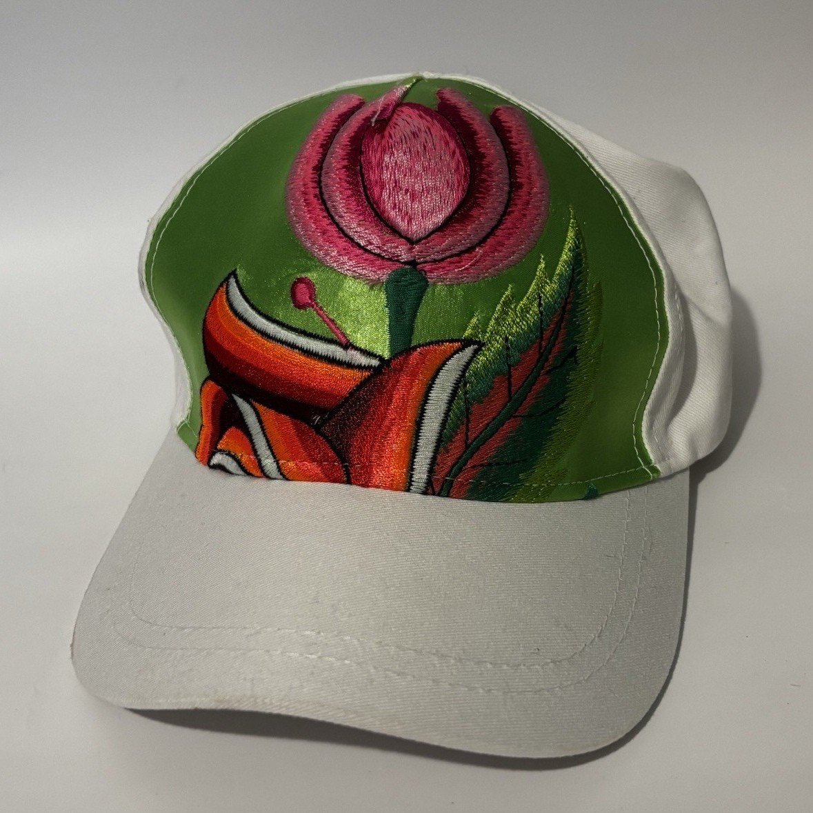 Embroidered Floral Adjustable Baseball Cap White Green Pink Red