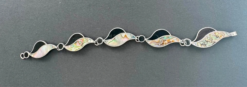 Mexican Sterling Silver Abalone Onyx Inlay Link Bracelet