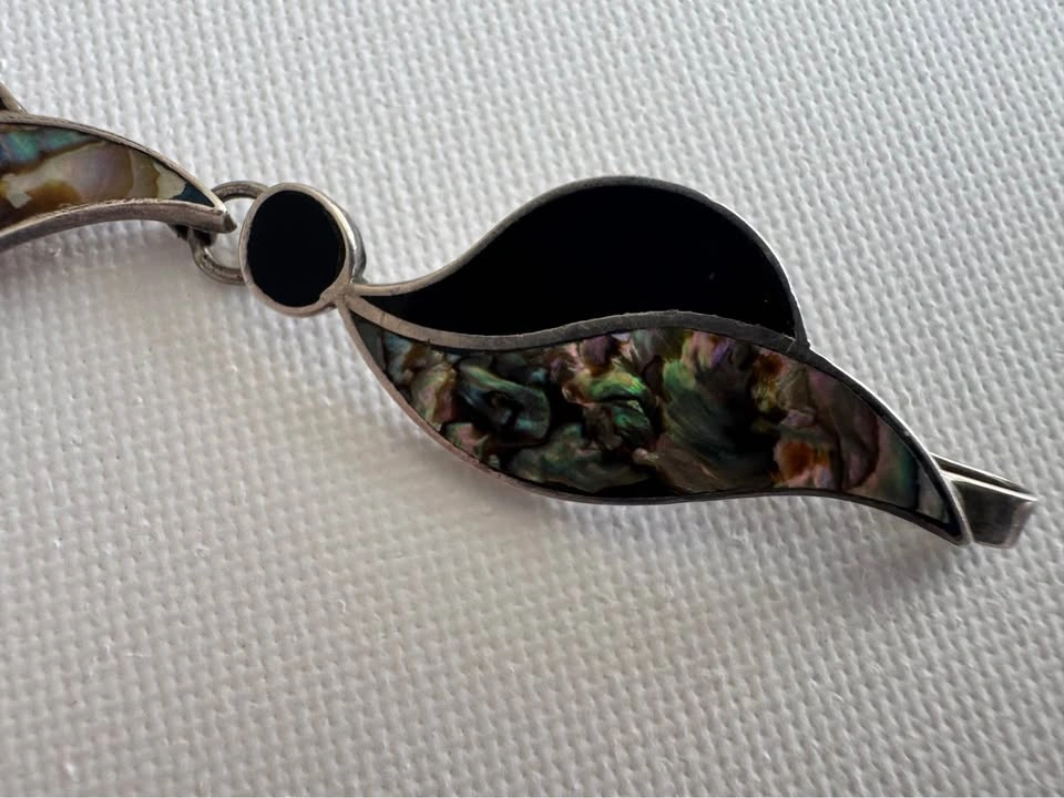 Mexican Sterling Silver Abalone Onyx Inlay Link Bracelet - photo 2