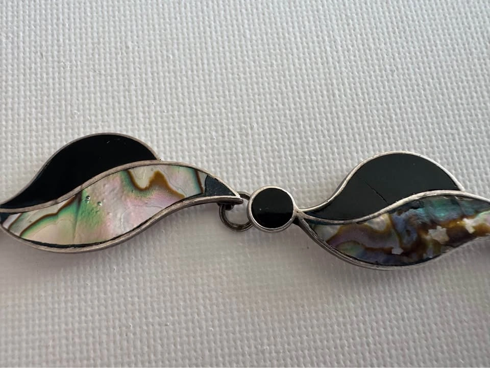 Mexican Sterling Silver Abalone Onyx Inlay Link Bracelet - photo 3