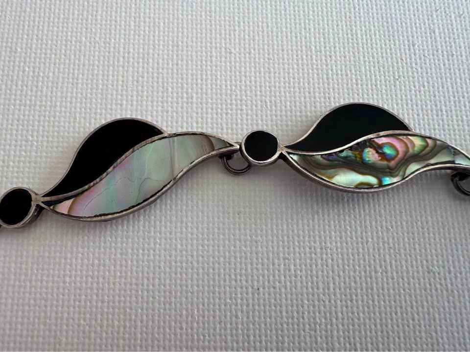 Mexican Sterling Silver Abalone Onyx Inlay Link Bracelet - photo 4