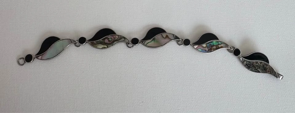 Mexican Sterling Silver Abalone Onyx Inlay Link Bracelet - photo 5