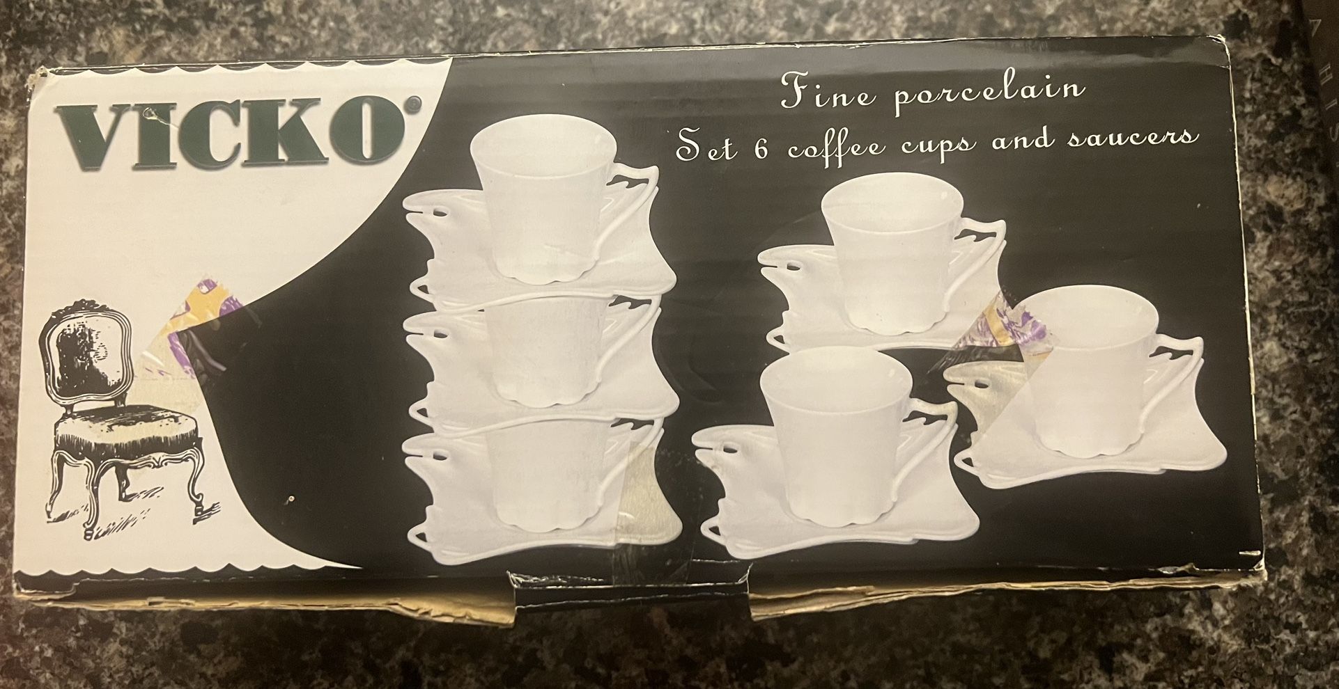 Set Of 6 Vicko Fine Porcelain Coffee Cups & Saucers BNIB