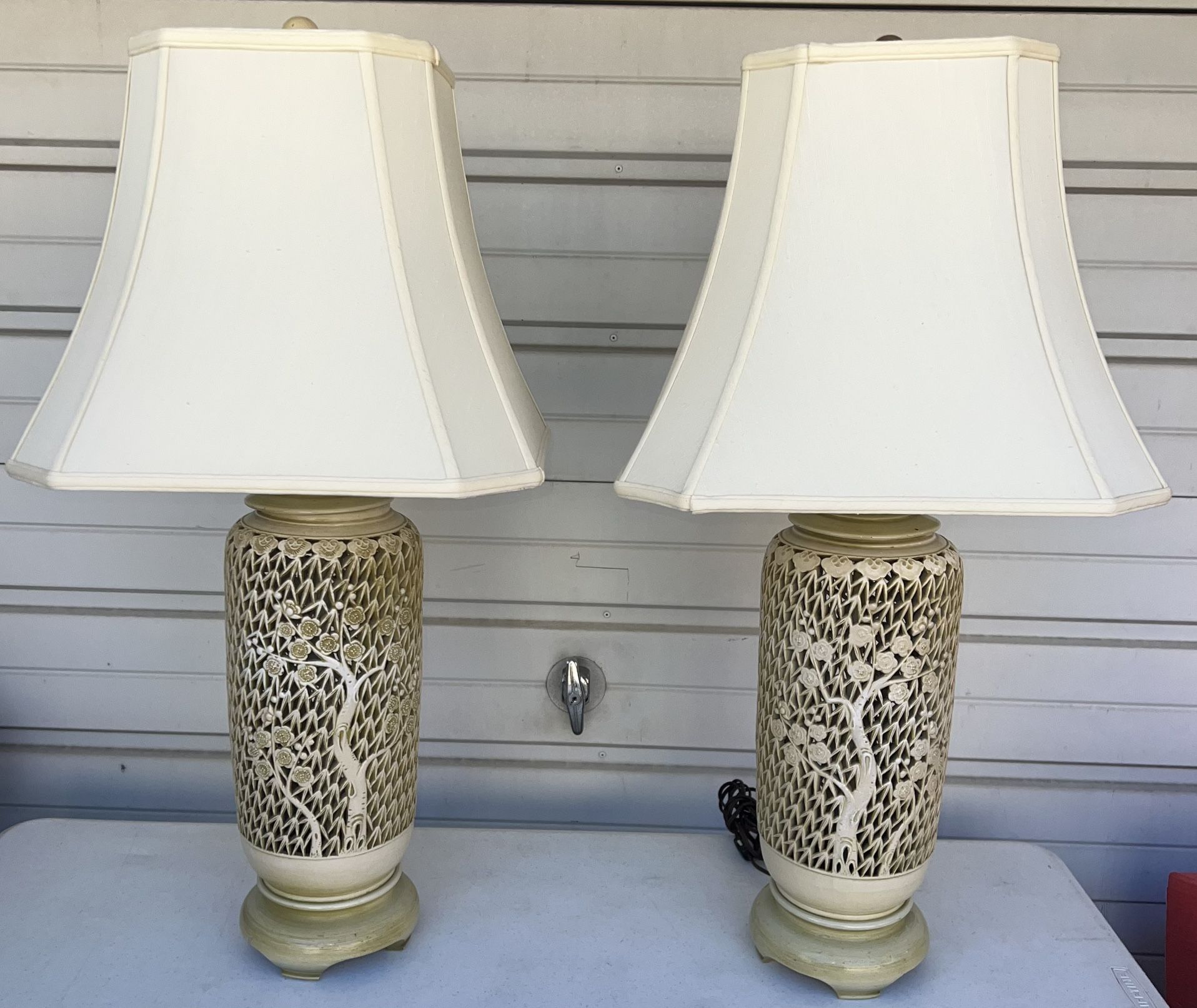 Vintage Porcelain Blanc De Chine Cherry Blossom Lamps