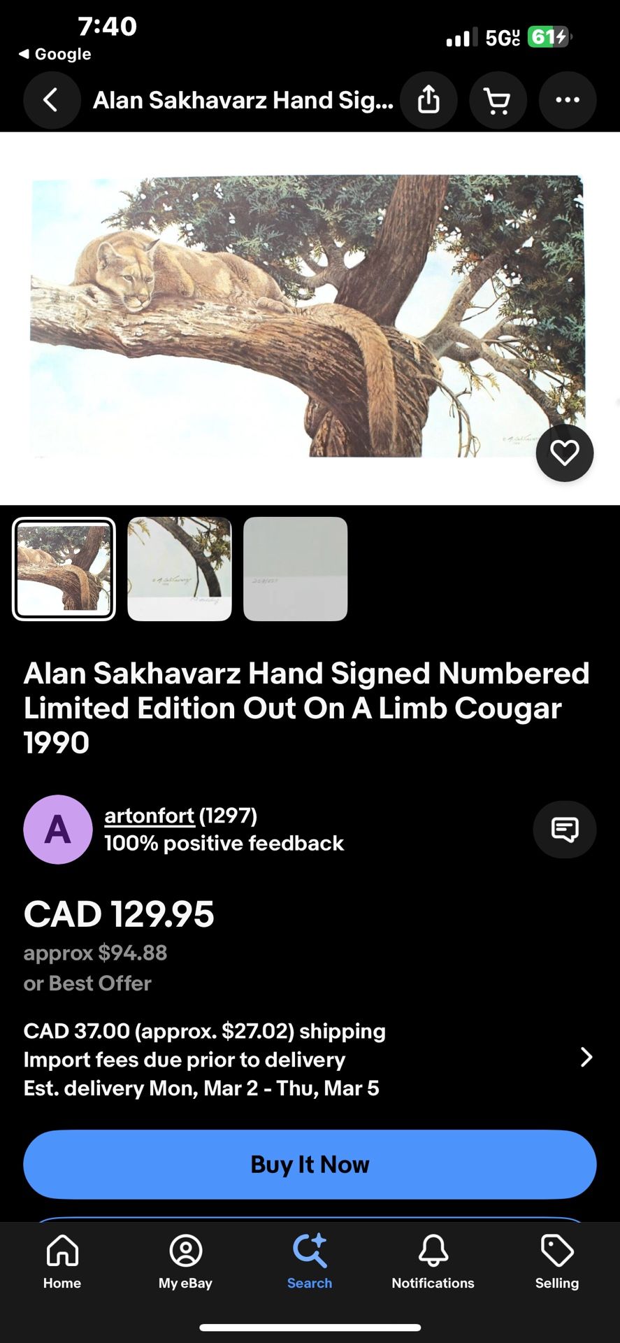 Alan Sakhavarz Signed "Out On A Limb Cougar" Print 71/550 - photo 5