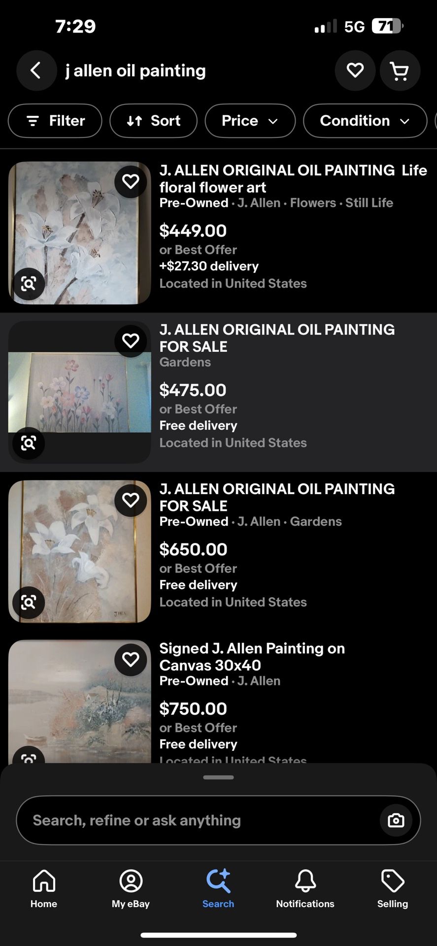 Signed J. Allen Floral Oil Painting on Canvas 48" × 60" [4FT X 5 - photo 5