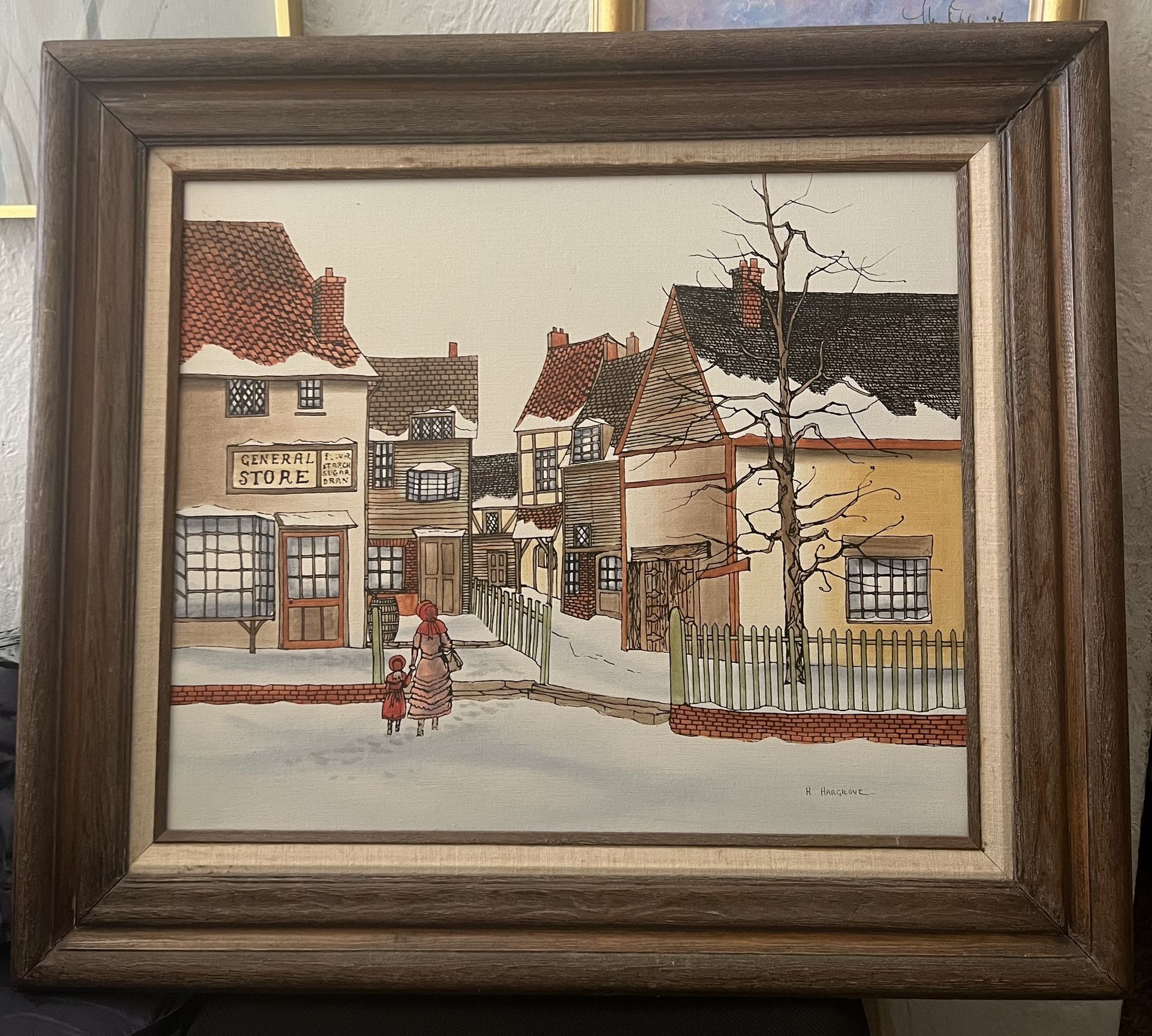 Vintage H. Hargrove Framed Art Painting GENERAL STORE Winter Sno
