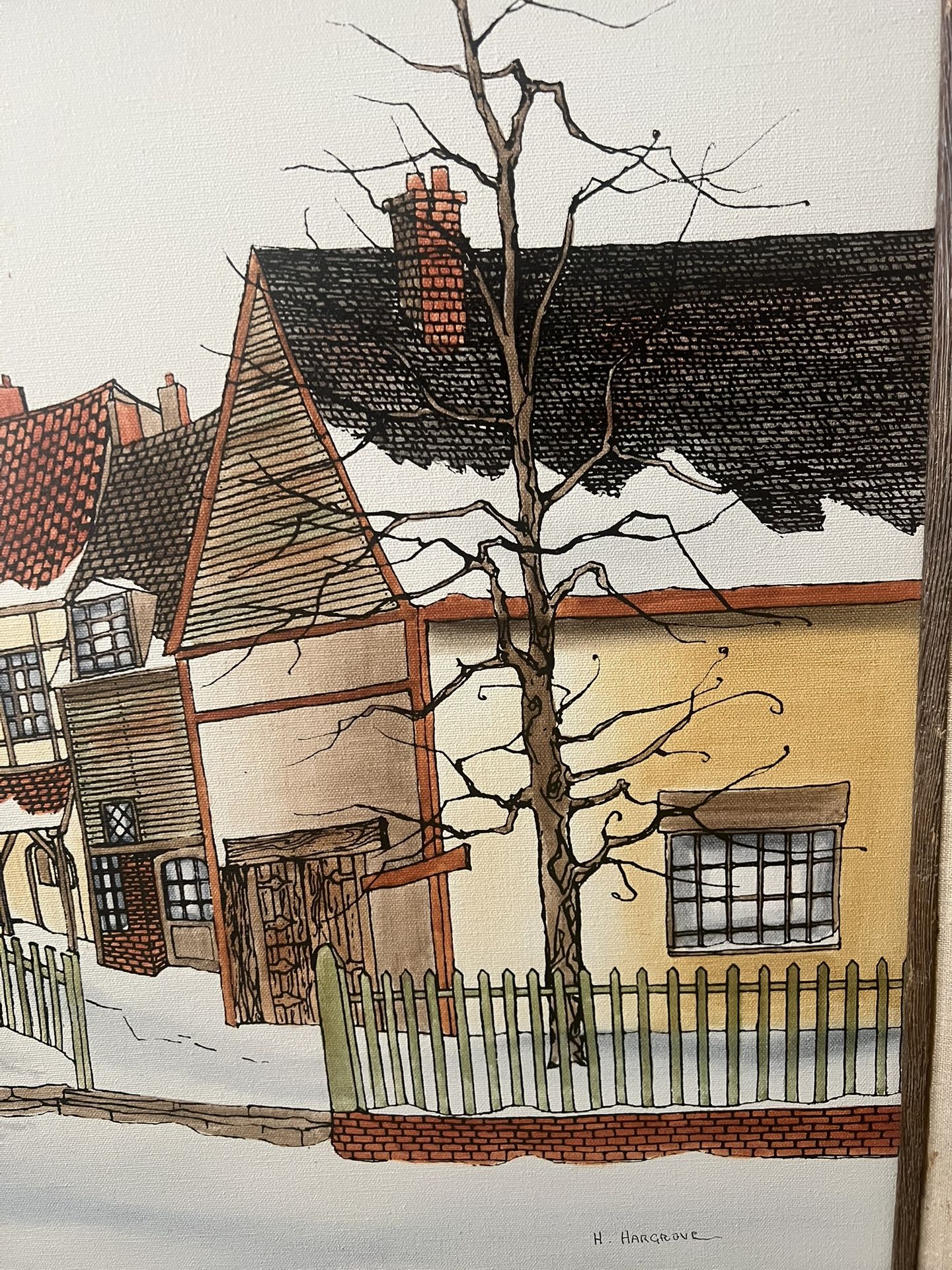 Vintage H. Hargrove Framed Art Painting GENERAL STORE Winter Sno - photo 3