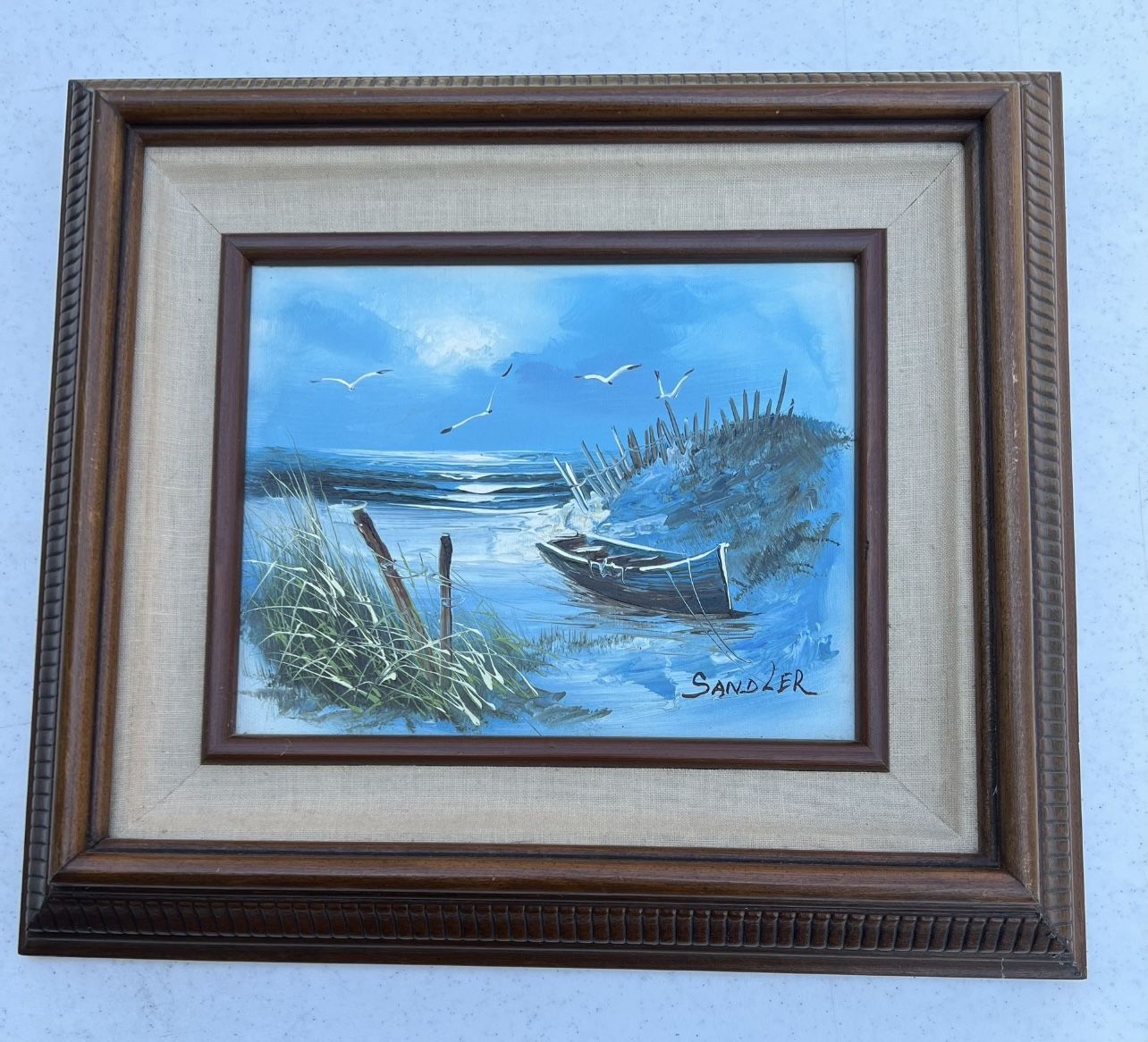 Original Oil Painting by SANDLER Seascape Shoreline 1970s Framed