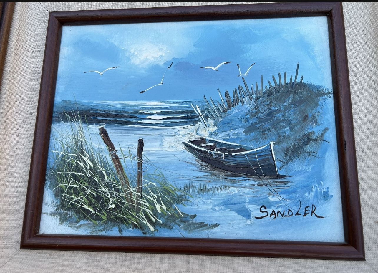 Original Oil Painting by SANDLER Seascape Shoreline 1970s Framed - photo 3