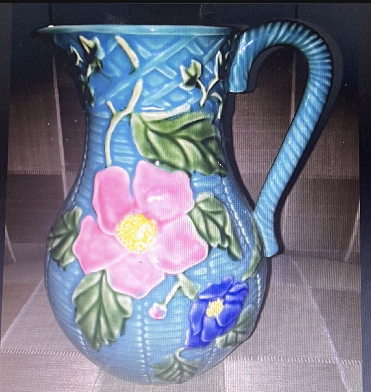 Bordallo French Majolica Pitcher Pink Blue Periwinkles Portugal