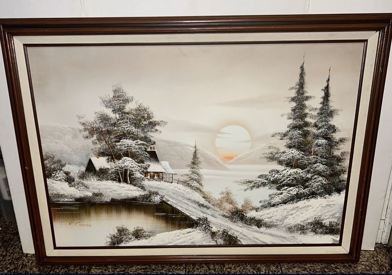 Large vintage R. Cooper oil painting - Winter Scene 41"x 30"