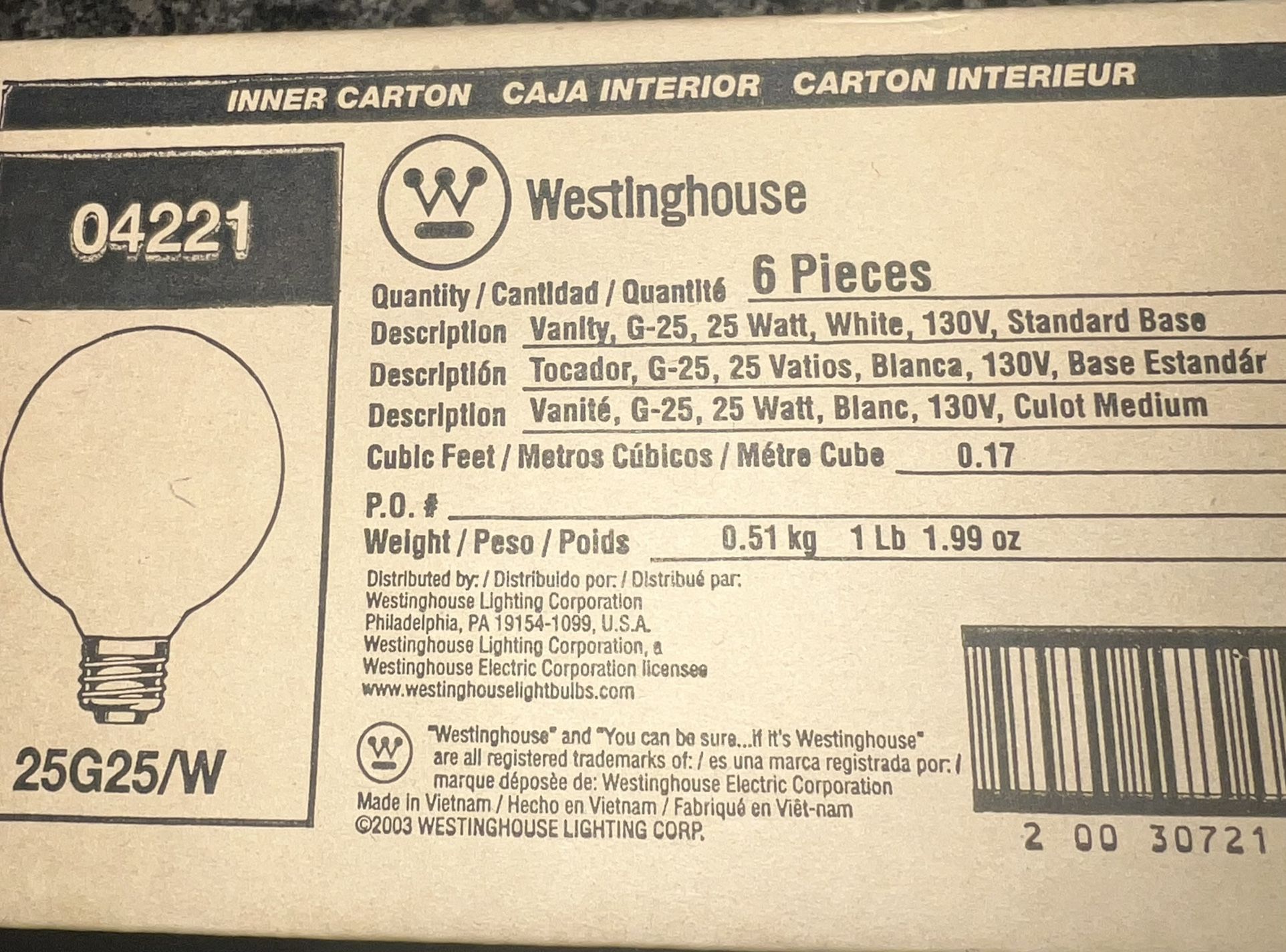 6 Pieces Westinghouse 25G25/W/130 25W G25 White 130V Bulbs - photo 2
